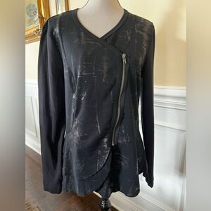 Simply Vera, Vera Wang-Matte Metallic Wrap Asymmetric Zipper-V-Neck Black Top.